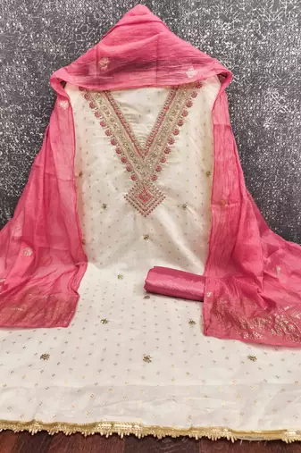 pink chanderi embroidered unstitched dress materials 3 pair top bottom dupatta