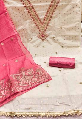 pink chanderi embroidered unstitched dress materials 3 pair top bottom dupatta 3