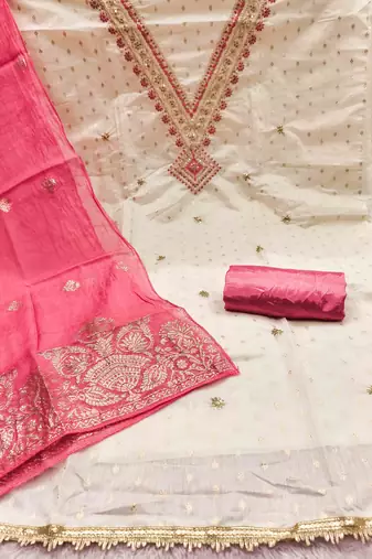 pink chanderi embroidered unstitched dress materials 3 pair top bottom dupatta