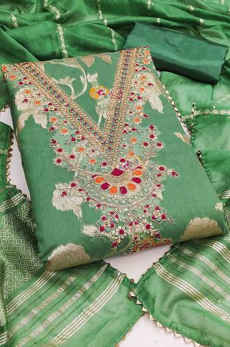 green jacquard  embroidered unstitched dressmaterials 3 pair top bottom dupptaa