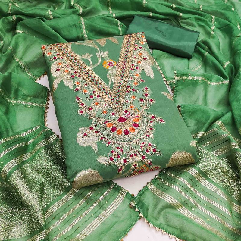 green jacquard  embroidered unstitched dressmaterials 3 pair top bottom dupptaa