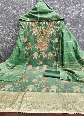 green jacquard  embroidered unstitched dressmaterials 3 pair top bottom dupptaa 2
