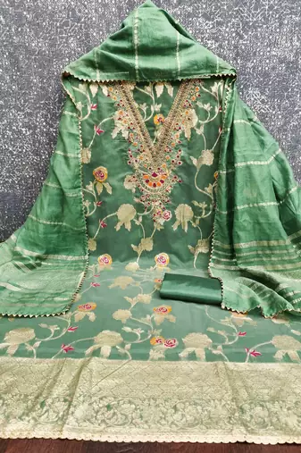 green jacquard  embroidered unstitched dressmaterials 3 pair top bottom dupptaa