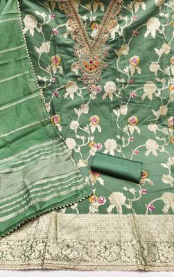 green jacquard  embroidered unstitched dressmaterials 3 pair top bottom dupptaa 3