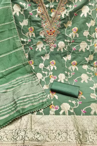 green jacquard  embroidered unstitched dressmaterials 3 pair top bottom dupptaa