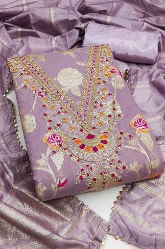 lavender jacquard  embroidered unstitched dressmaterials 3 pair top bottom dupptaa