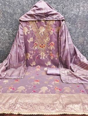 lavender jacquard  embroidered unstitched dressmaterials 3 pair top bottom dupptaa 2