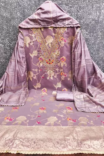 lavender jacquard  embroidered unstitched dressmaterials 3 pair top bottom dupptaa