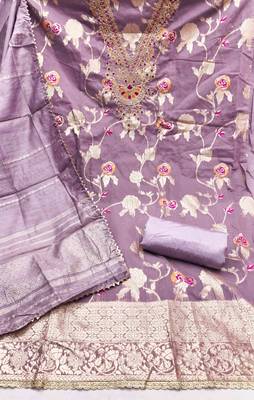 lavender jacquard  embroidered unstitched dressmaterials 3 pair top bottom dupptaa 3