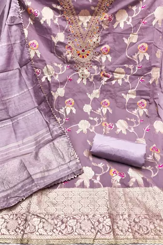 lavender jacquard  embroidered unstitched dressmaterials 3 pair top bottom dupptaa