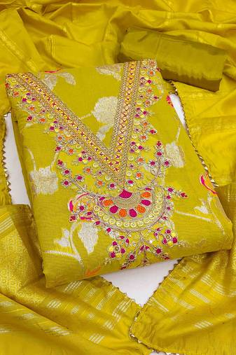 yellow jacquard  embroidered unstitched dressmaterials 3 pair top bottom dupptaa