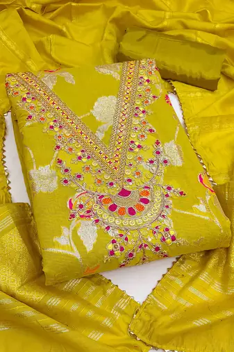 yellow jacquard  embroidered unstitched dressmaterials 3 pair top bottom dupptaa