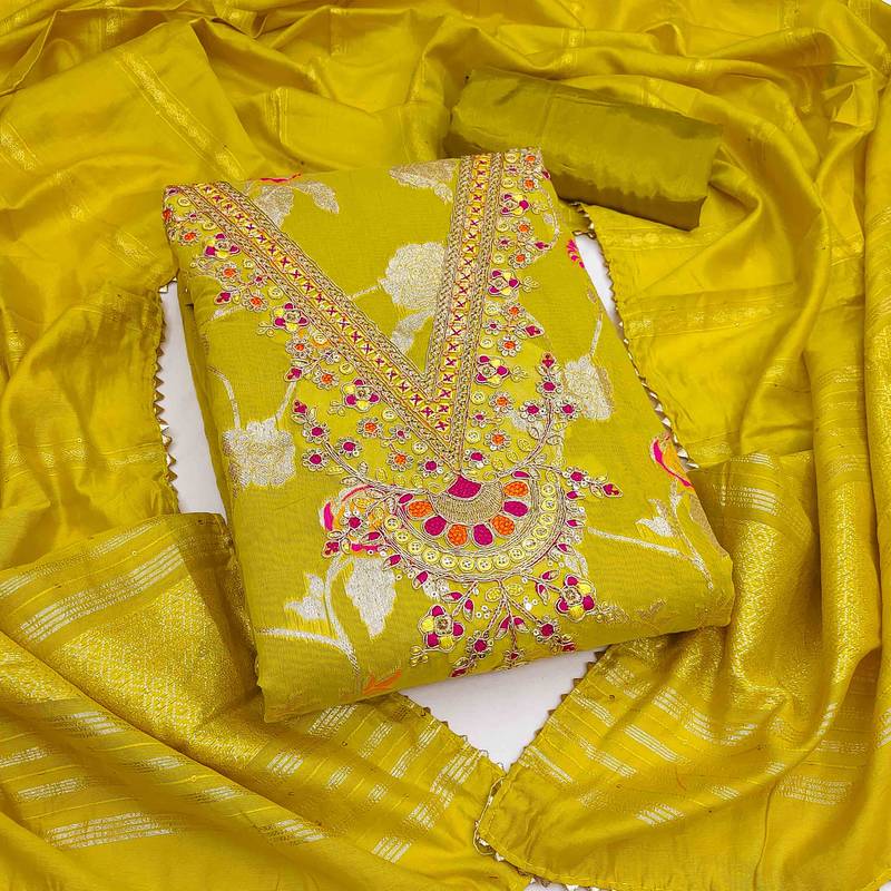 yellow jacquard  embroidered unstitched dressmaterials 3 pair top bottom dupptaa