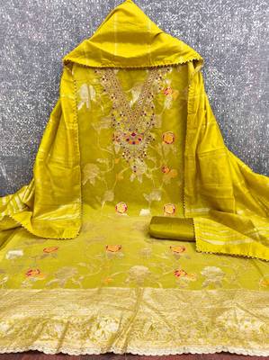 yellow jacquard  embroidered unstitched dressmaterials 3 pair top bottom dupptaa 2