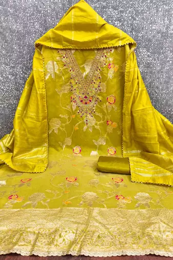 yellow jacquard  embroidered unstitched dressmaterials 3 pair top bottom dupptaa