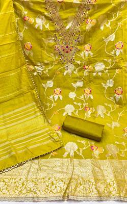 yellow jacquard  embroidered unstitched dressmaterials 3 pair top bottom dupptaa 3