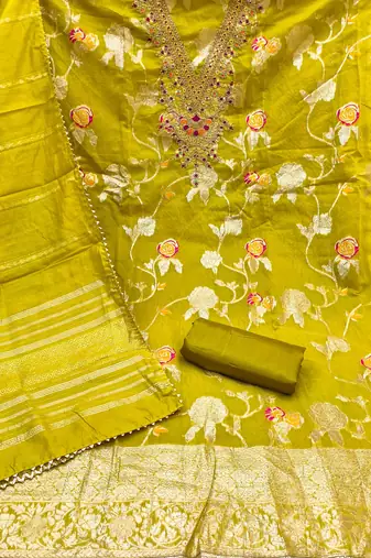 yellow jacquard  embroidered unstitched dressmaterials 3 pair top bottom dupptaa