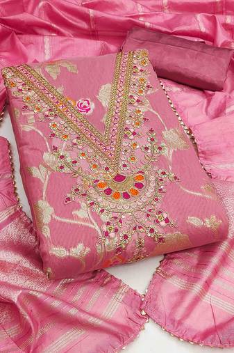 pink jacquard  embroidered unstitched dressmaterials 3 pair top bottom dupptaa