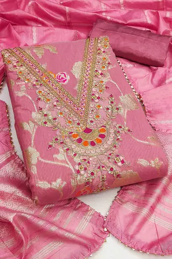 pink jacquard  embroidered unstitched dressmaterials 3 pair top bottom dupptaa