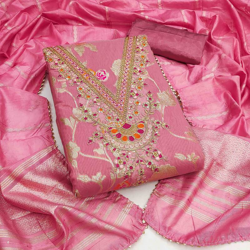 pink jacquard  embroidered unstitched dressmaterials 3 pair top bottom dupptaa