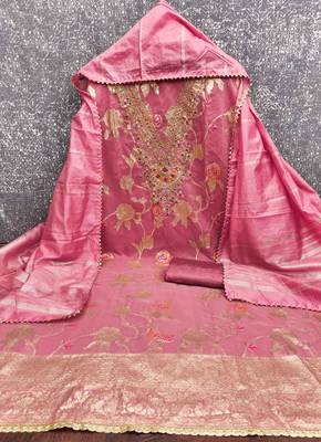 pink jacquard  embroidered unstitched dressmaterials 3 pair top bottom dupptaa 2