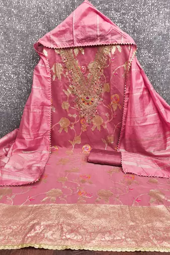 pink jacquard  embroidered unstitched dressmaterials 3 pair top bottom dupptaa