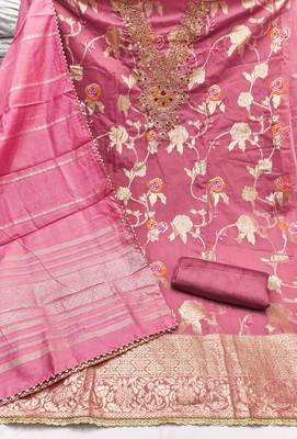 pink jacquard  embroidered unstitched dressmaterials 3 pair top bottom dupptaa 3