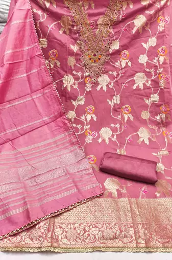 pink jacquard  embroidered unstitched dressmaterials 3 pair top bottom dupptaa