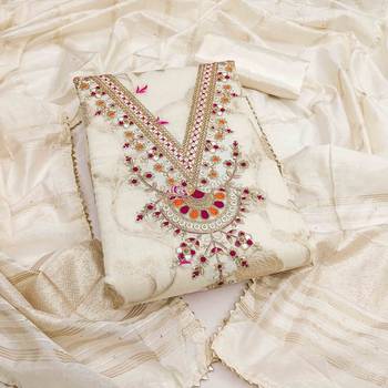 white jacquard  embroidered unstitched dressmaterials 3 pair top bottom dupptaa 1