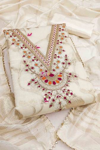 white jacquard  embroidered unstitched dressmaterials 3 pair top bottom dupptaa