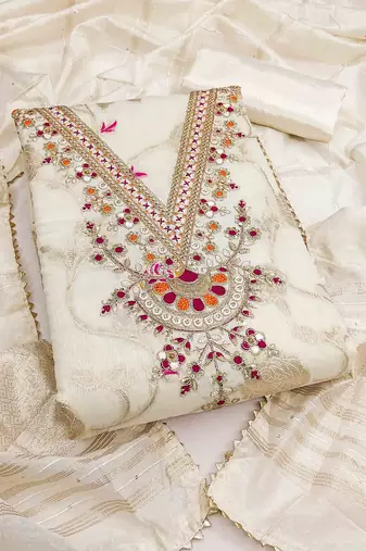 white jacquard  embroidered unstitched dressmaterials 3 pair top bottom dupptaa