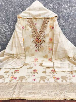 white jacquard  embroidered unstitched dressmaterials 3 pair top bottom dupptaa 2