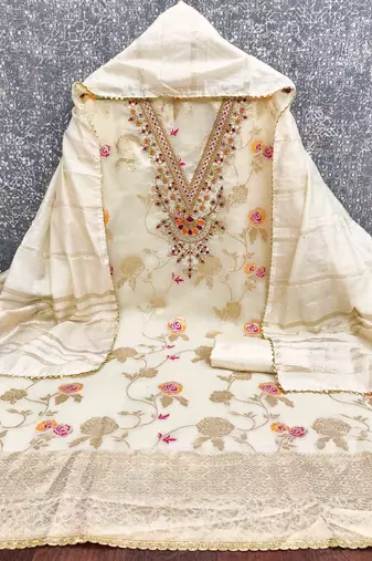 white jacquard  embroidered unstitched dressmaterials 3 pair top bottom dupptaa