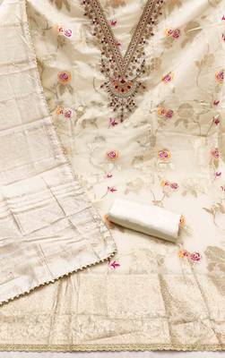 white jacquard  embroidered unstitched dressmaterials 3 pair top bottom dupptaa 3