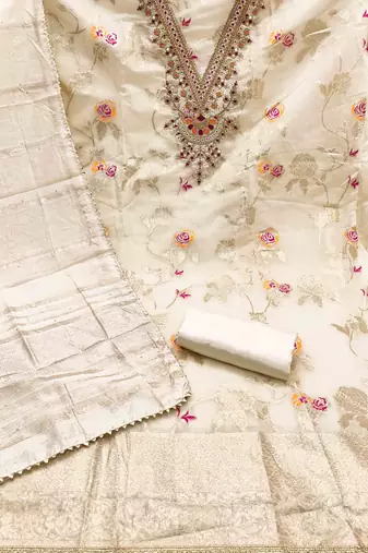 white jacquard  embroidered unstitched dressmaterials 3 pair top bottom dupptaa