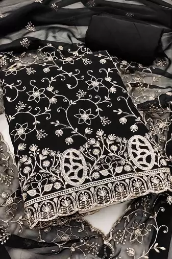 black georgette embroidered unstitched dressmaterials 3 pair top bottom dupptaa
