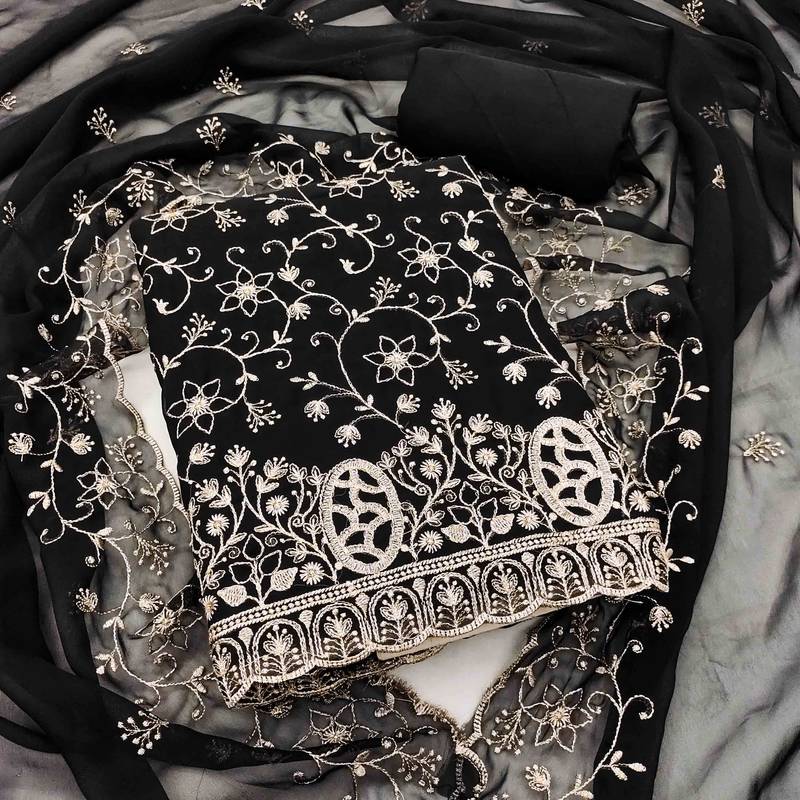 black georgette embroidered unstitched dressmaterials 3 pair top bottom dupptaa