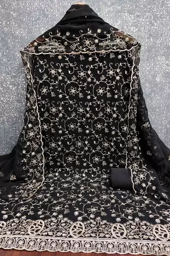 black georgette embroidered unstitched dressmaterials 3 pair top bottom dupptaa