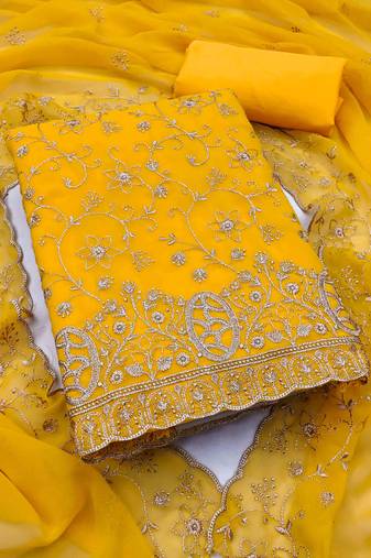 gold georgette embroidered unstitched dressmaterials 3 pair top bottom dupptaa