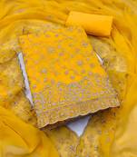 gold georgette embroidered unstitched dressmaterials 3 pair top bottom dupptaa