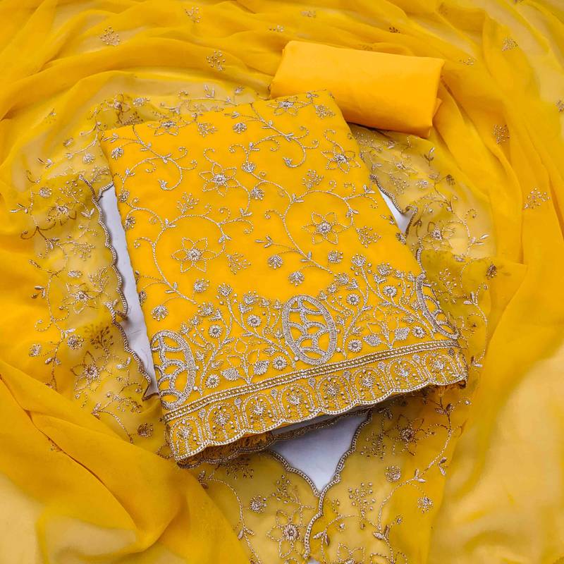 gold georgette embroidered unstitched dressmaterials 3 pair top bottom dupptaa