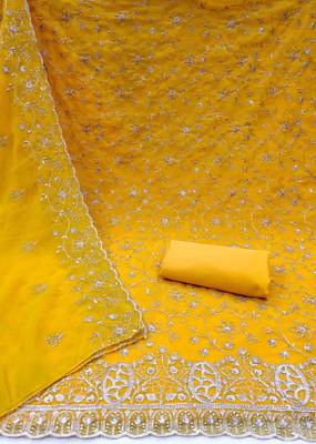 gold georgette embroidered unstitched dressmaterials 3 pair top bottom dupptaa 2