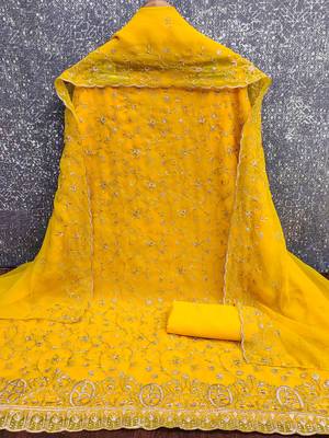 gold georgette embroidered unstitched dressmaterials 3 pair top bottom dupptaa 3