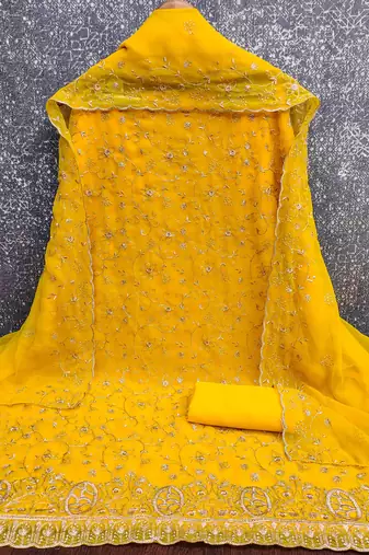 gold georgette embroidered unstitched dressmaterials 3 pair top bottom dupptaa