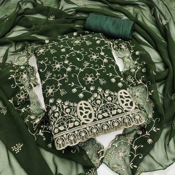 green georgette embroidered unstitched dressmaterials 3 pair top bottom dupptaa 1