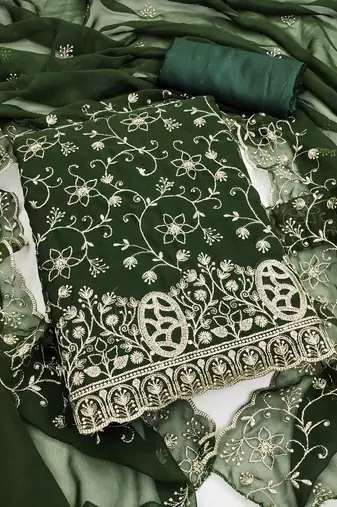 green georgette embroidered unstitched dressmaterials 3 pair top bottom dupptaa