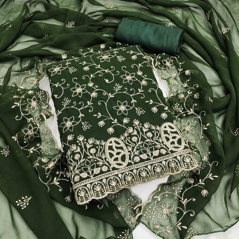 green georgette embroidered unstitched dressmaterials 3 pair top bottom dupptaa
