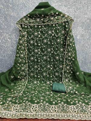 green georgette embroidered unstitched dressmaterials 3 pair top bottom dupptaa 2