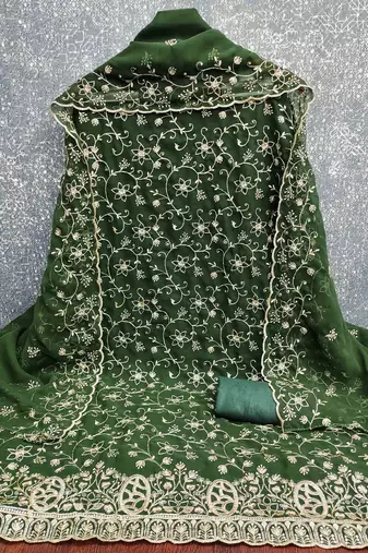 green georgette embroidered unstitched dressmaterials 3 pair top bottom dupptaa