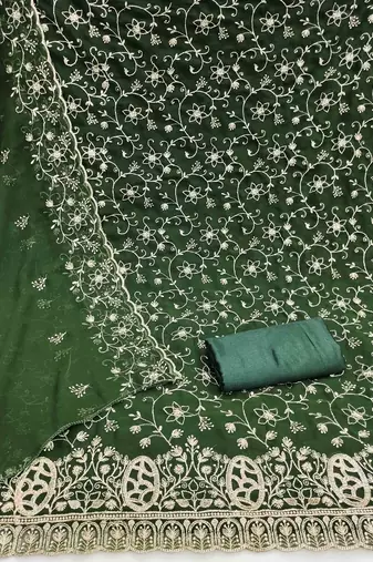 green georgette embroidered unstitched dressmaterials 3 pair top bottom dupptaa